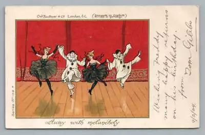 Pierot Clowns Dancing W Black Swan Ballerinas  Away Melancholy  Antique UK Art • $19.99