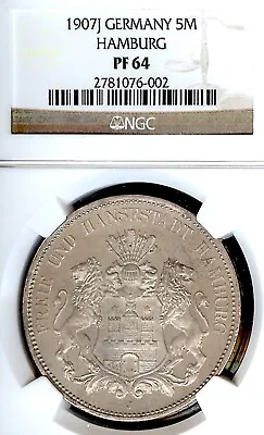German States Hamburg 1907 5 Mark Coin Thaler Taler NGC PF 64 PROOF UNC RARE • $2800