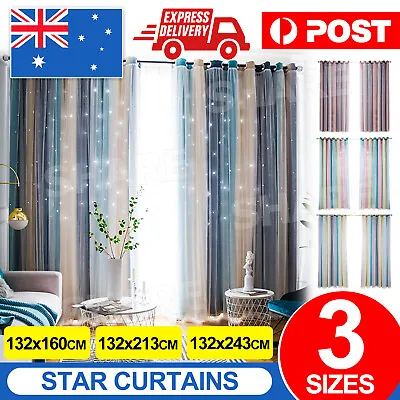 Blockout Curtains Star Thermal 2 Layer Blackout Curtains Fabric Eyelet Bedroom • $19.95
