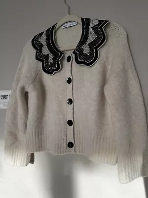 ZARA Womens Sm Ivory Wool Blend Embellished Collared Cardigan Sweater Size：S • $45