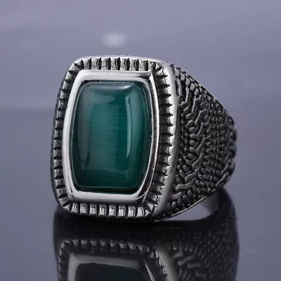 Men'S Stainless Steel Minimalist Punk Style Green Cat'S Eye Stone Thick Ring Men • $12.99