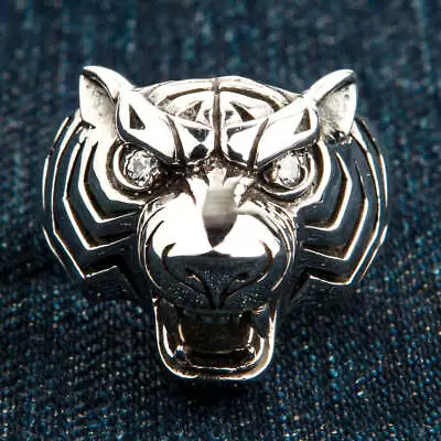 Diamond Eye Tiger Head 925 Sterling Silver Mens Ring New Animal Biker Rock Punk • $79