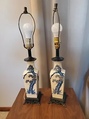 RARE VINTAGE Pair Of L&L WMC Japanese Style White & Blue Porcelain PaintedLamps  • $99.99