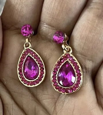 Fuchsia Earrings Hot Pink Teardrop Small Rhinestone Dangle Crystal 1” Long • $13