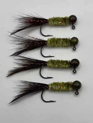 Hand Tied Feather Tail Crappie Jigs Watermelon Olive And Brown 1/16th Ounce New • $6.50