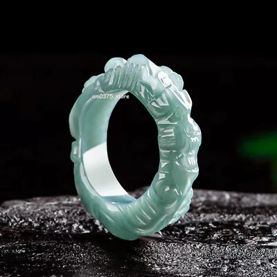 Natural Jadeite Ring Men's A Grade Blue Water 3D Zodiac Dragon Band Ring 8-11 • £53.34