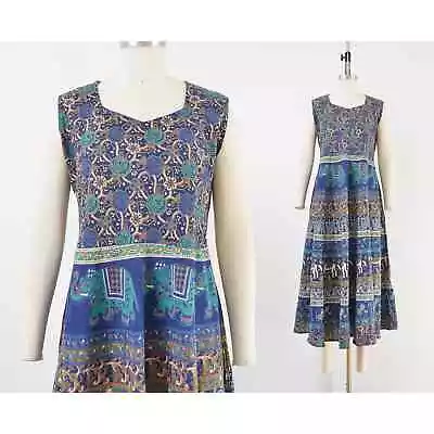 Vintage 80s Boho Indian Dress Cotton Elephant Horse Block Print Sundress M L • $56