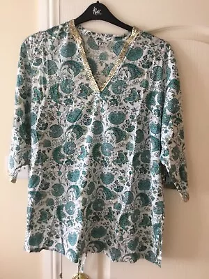 Fusions By East Turquoise Block Print Cotton Tunic Kaftan Beach Top Size 22. • £14.99