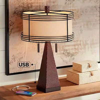 Niklas Industrial Rustic Table Lamp 26  High Hammered Bronze USB Port Bedroom • $129.95