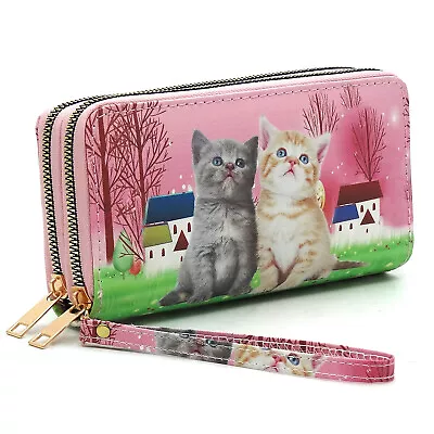 Women's Wristlet Wallet Canvas Double Zip Around Pet Printed Decor • £11.48