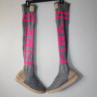 Victorias Secret Pink Boots Mukluks Gray Pink Size Medium 7-8 Sweater Boots • $49.99