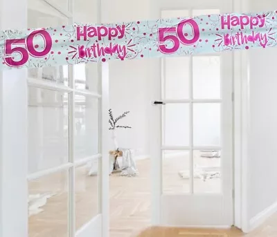 9ft 50th Glitz Pink Happy Birthday Holographic Banner 50th Party Decorations • £2.75