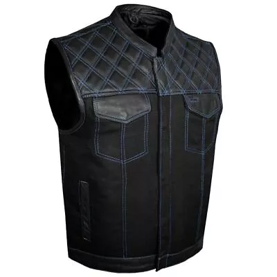  Men's Denim & Leather Club Vest With Diamond Padding - Motorcycle Waistcoat  • $136.99