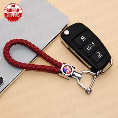 Red Weave Calf Leather USA America U.S. Flag Logo Car Home Key Chain Ring Gift • $12.99