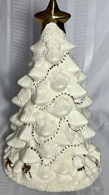 Porcelain Christmas Tree Music Box Off White  Gold 10  Tall Rotates • $15