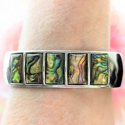 Vintage Abalone Shell Inlay Cuff Clamper Bracelet Beach Wedding Jewelry 6.5” • $36