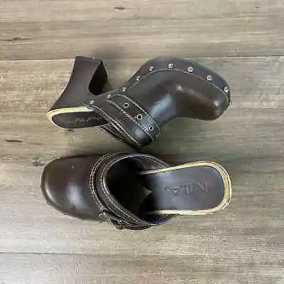 VTG MIA Y2K Clog Mule Women's Studded Wood Buckle Chucky Heels Slide Brown 7 M • $26.05