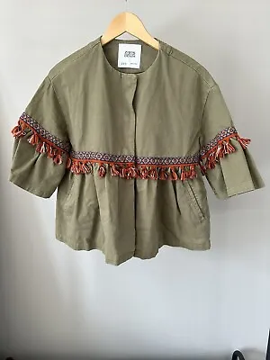 Zara Denim Army Green Cropped Fringe Jacket Size XS Tassels Boho Z1975 Coat • $19.99