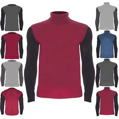 Mens Pullover Knitted Jumper Polo Roll Neck Designer Contrast Long Sleeve • £7.29