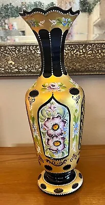 Vintage 13.5” MURANO 24k Gold Hand Painted Flowers Black Glass Vase By F. Ferro • $199.99