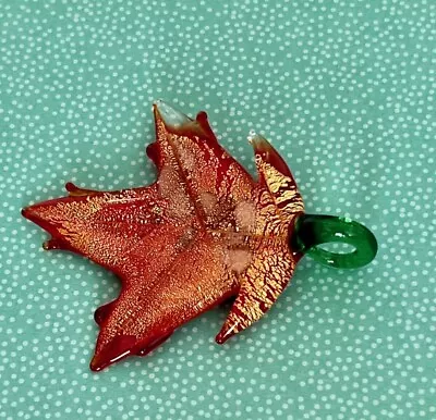 Murano Glass Pendant Fall Red-Orange Organic Leaf Form W Avventurina • $24.99