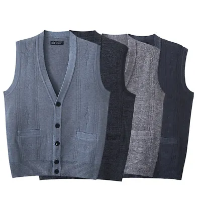 Mens V Neck Sleeveless Jumper Button Up Sweater Tank Top Cardigan Knitted Vest • £10.99