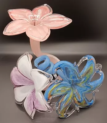 Murano Style Glass Flowers Italian Hand Blown Glass Art Lot Qty-3 • $43.99