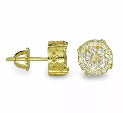 Mens 9mm Round 14k Gold Plated Screw Back Stud Cubic Zirconia Earrings Hip Hop • $11.97