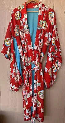 Vintage Japanese Style Kimono Red Long Robe Floral Swans • $40