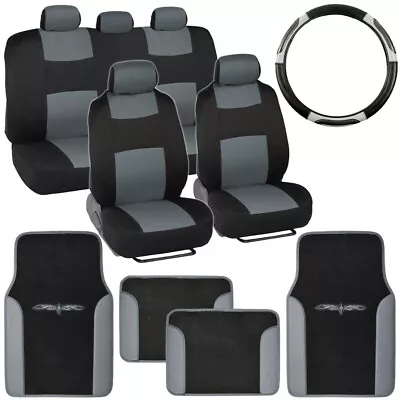 $49.90 • Buy Car Seat Covers Full Bench Set+PU Leather Carpet Floor Mat+Steering Wheel Cover