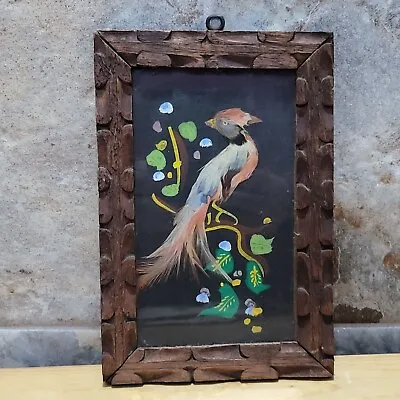 VTG Painted Exotic Bird Feather Art In Hand Carved Wooden Frame • $39.95