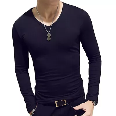 New Mens Long Sleeve V-Neck T-shirt Stretch Casual Solid Slim Fit Tops Black • $4.99
