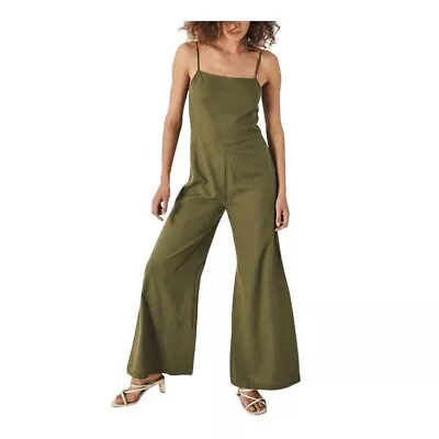 Rollas Super Sailor Linen Jumpsuit Olive Green Flared Wide Leg Boho Size 8 Hippy • $45