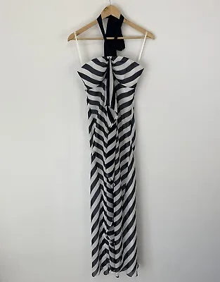 Coast Halterneck Maxi Dress White & Blue Striped Sz 10 UK Ladies • £17.99