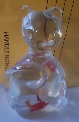 Hand Blown Art Glass Cat Paperweight Figurine W/ Goldfish 6.5  Tall #Z23BX • $16