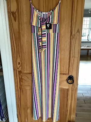 Very Candy Stripe Long Tie Front & Back Holiday Maxi Dress Size 14 Stretchy BNWT • £6.99