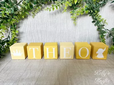 Personalised Wooden Baby Name Blocks Nursery Sign Decor Baby Shower Gift Yellow • £3.99