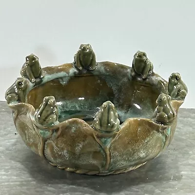 Vintage Majolica Style Glazed Pottery Bowl Planter 8 Frogs On Lily Pad Rim • $74.95