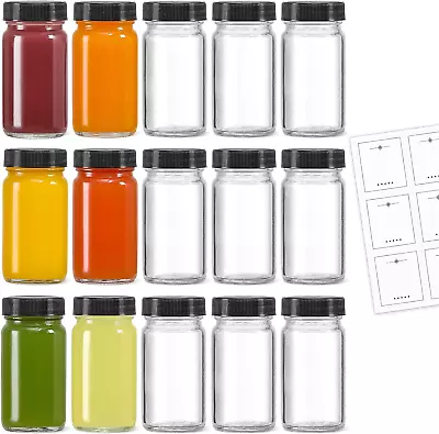 15 Pack 2 Oz Glass Shot Mini Bottles W/ Black Lids & 15 Labels - Small Clear Jar • $19.98