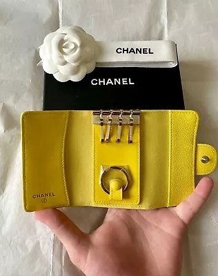 $1200 • Buy Chanel Classic Flap 4 Key Holder Caviar Quilted Yellow Color Wallet New 23C💛