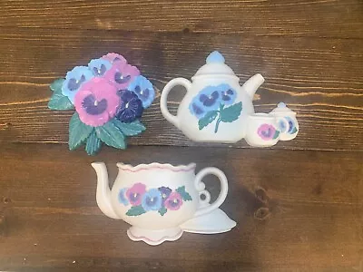 3 Vintage Pansy Teapot Burwood Wall Art Plaque Floral Decor Set  • £9.50