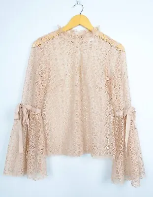 Alice McCall Just Lust Top Blouse Size 8 Dusty Pink Lace Flared Sleeve Ribbon • $49