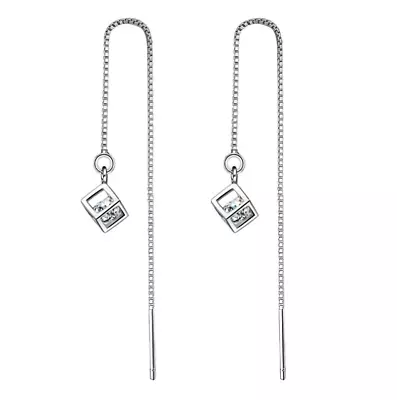 925 Silver Plated Square CZ Ear Chain Thread Pull Through Threader Earrings P1 • $4.95