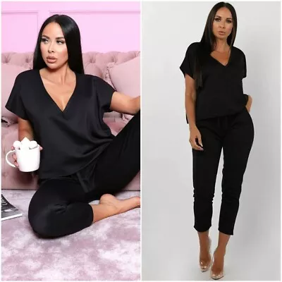 Womens Ladies Short Sleeve Boxy V Neck  Check Tracksuit Loungewear Suit Set • $18.61