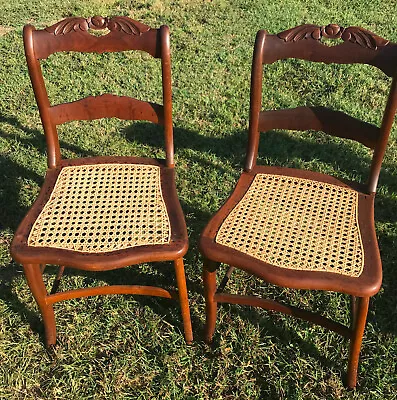 Pair Of Carved Walnut Caned Seat Side Chairs / Dinette Chairs • $499