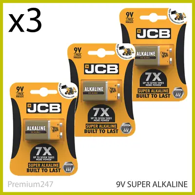 3 X JCB 9V SUPER ALKALINE BLOCK BATTERY CELL PP3 GENUINE BATTERIES 6LR6I 9 Volts • £4.99