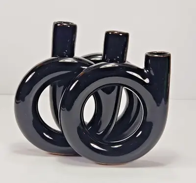 HTF Vintage Small Ikebana Toyo Black Triple Loop Pottery Vase Mid Century Modern • $245