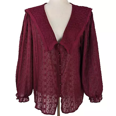Alice Blue  Women's 1X Burgundy Red Sheer Top Blouse Lace Collar • £19.43