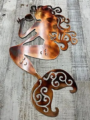 Sitting Mermaid Sipping Wine - Metal Wall Art - Copper 24  Tall Left Facing • $66.99