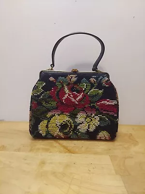 Vintage Black Floral Needlepoint Tapestry Purse W/Leather Handle • $28